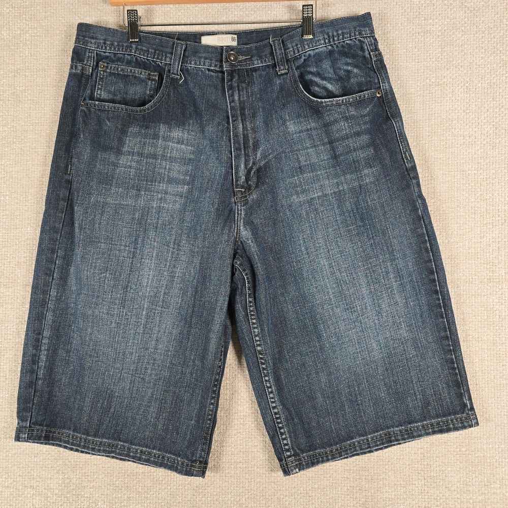 ROUTE 66‎ Mens Denim Jean Shorts 36 Dark Wash Flap Pocket Cross Stitch 14 Inseam